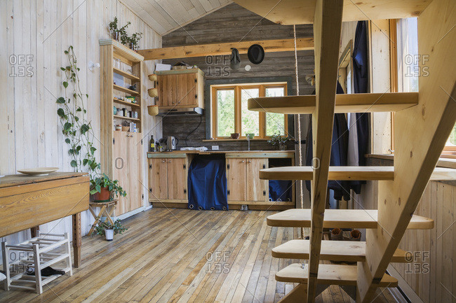 Retractable Pinewood Stairs And Kitchen Area With 100 Year Old