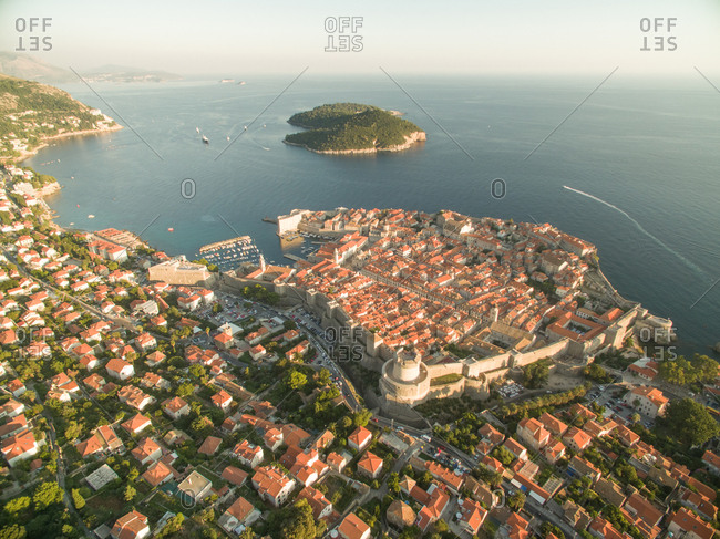 Aerial view of old city of Dubrovnik (Croatia), popular tourist attraction on Adriatic.