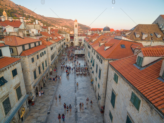 Aerial view of old city of Dubrovnik (Croatia) above Stradun street, popular tourist attraction on Adriatic.