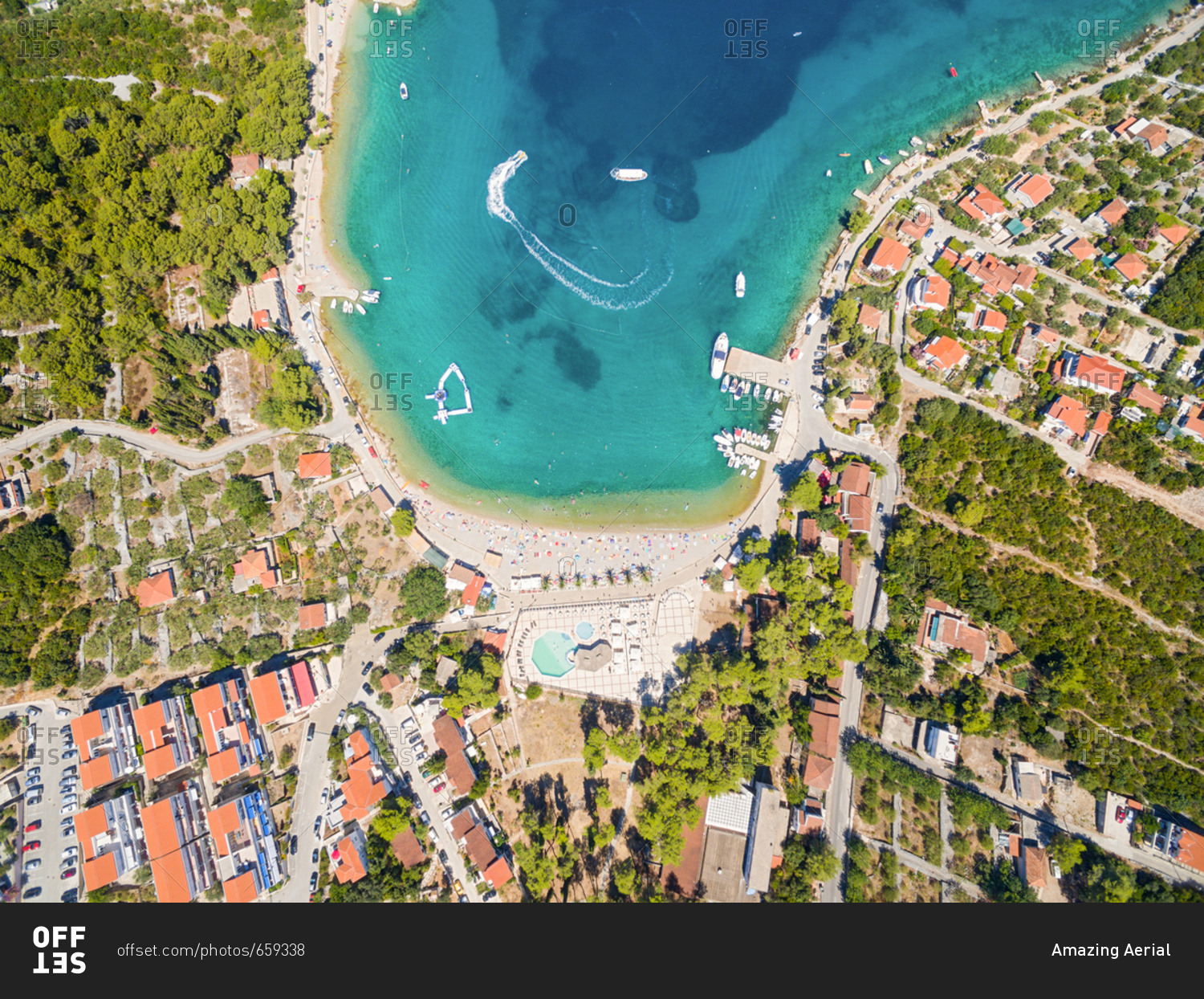 Aerial view of housing estate and beach at Necujam bay at Solta, Croatia.