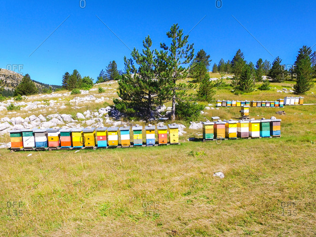 Bee hives on hills of Dinara mountain, Croatia.