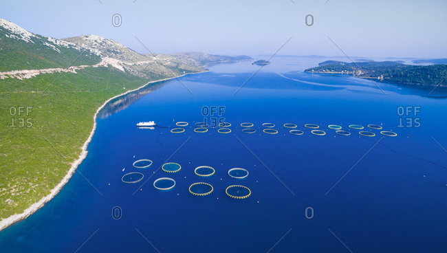 Aerial view of fish farming in Dugi Otok in Croatia