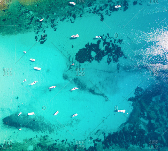 Aerial view of sailing boats and yachts in the bay of Sakarun on the island of Dugi Otok in Croatia