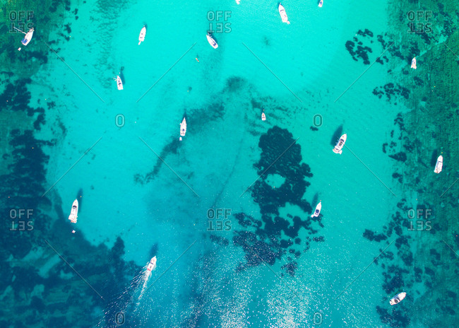 Aerial view of sailing boats and yachts in the bay of Sakarun on the island of Dugi Otok in Croatia