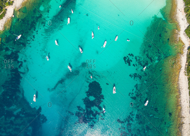 Aerial view of sailing boats and yachts in the bay of Sakarun on the island of Dugi Otok in Croatia