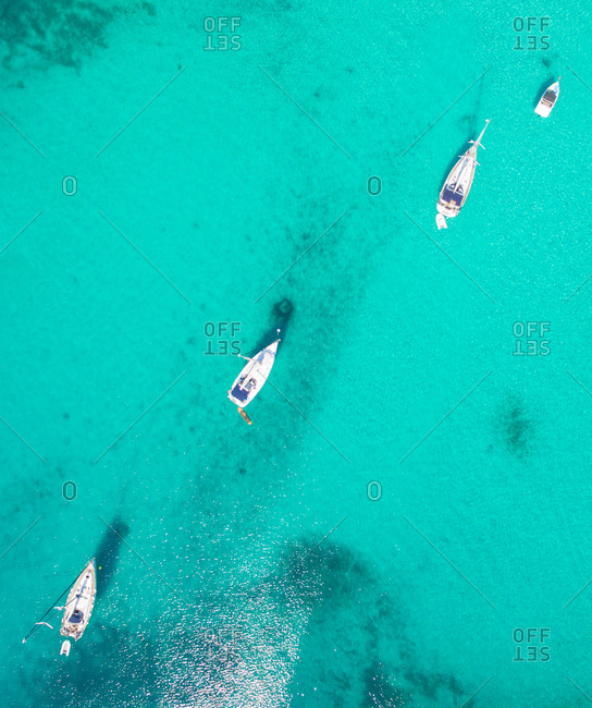 Aerial view of sailing boats and yachts in the bay of Sakarun on the island of Dugi Otok in Croatia