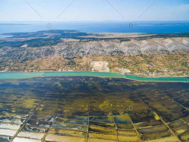 Aerial view of saltern on Pag island, Croatia.