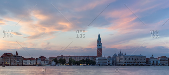 June 21, 2015: Panorama of the Skyline of San Marco Square and the Doge's Palace of Venice at Sunset Viewed from the Giudecca Island