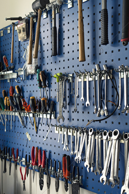 Variety Of Tools Organized And Hanging On Wall In Work Stock Photo Offset - Tool Hanging Wall Board