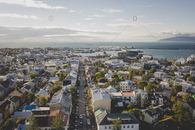 A view of the colorful buildings in the city of Reykjavik, Iceland and the bay from the Hallgrimskirkja Church