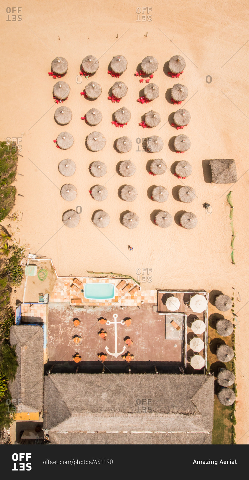 Aerial view of an empty restaurant on the beach in Brazil.