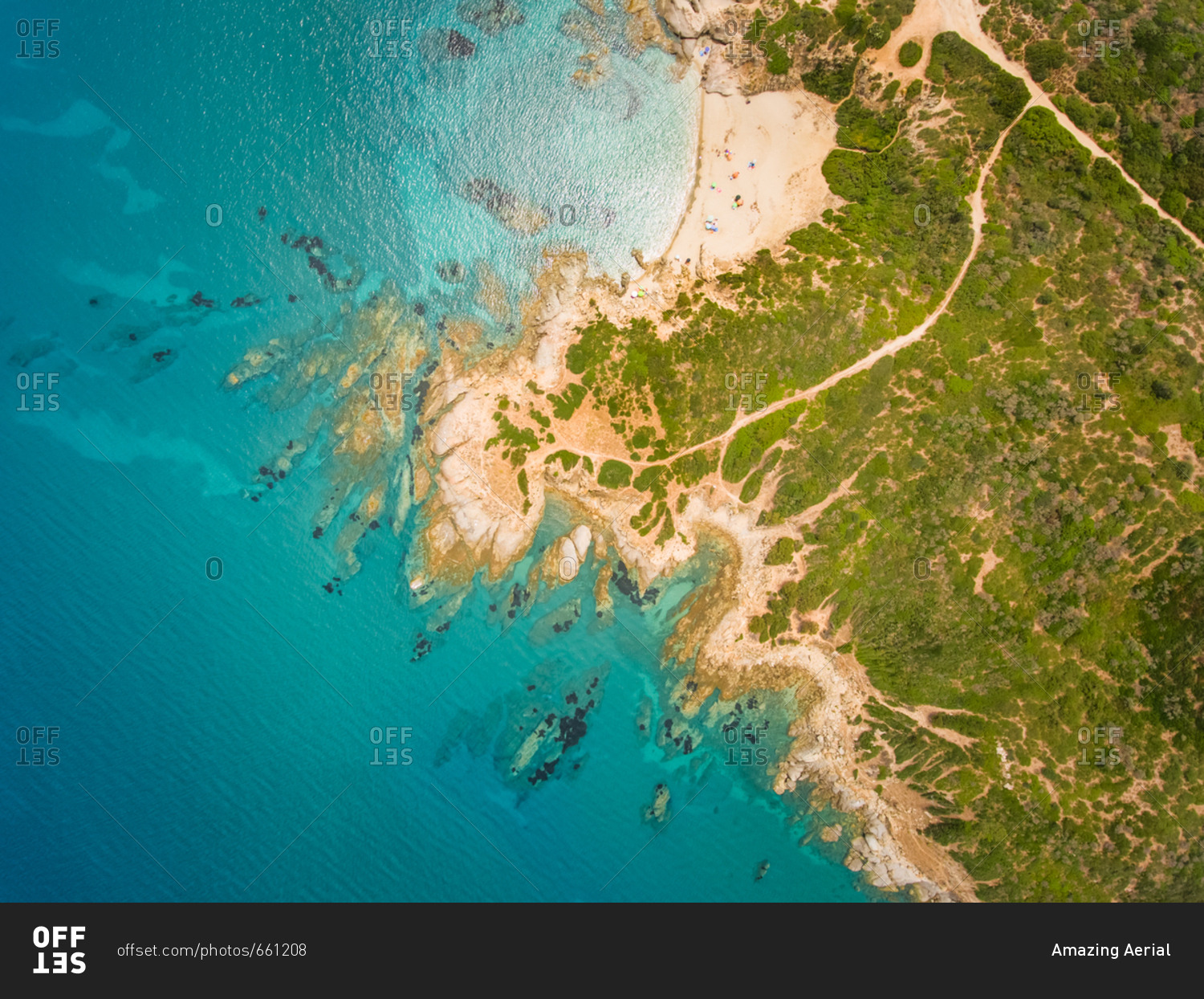 Aerial view of the coast in Sardinia, Italy.