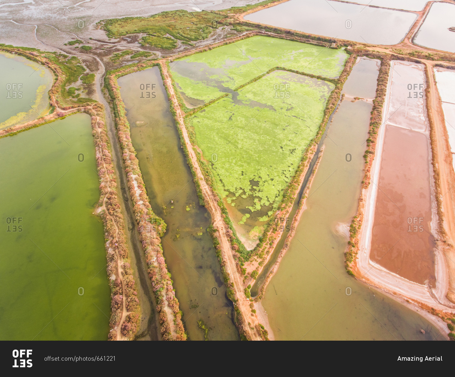 Aerial view of colorful salt marsh in Portugal.