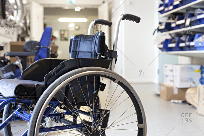 Close-up of a newly manufactured wheelchair