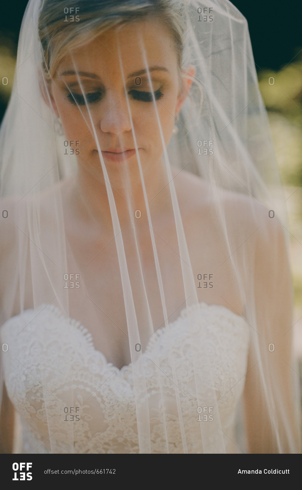 Close up of veiled bride walking down aisle stock photo OFFSET