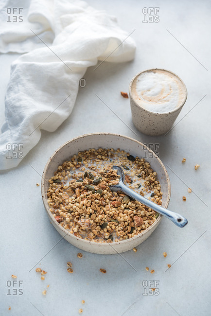 Breakfast bowl with coffee