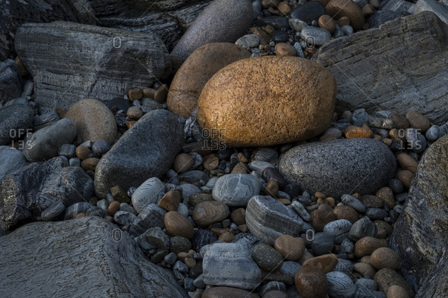 Distinctive rounded rock picked out from others by sunlight