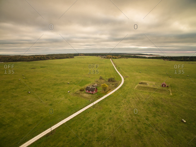 Aerial view of a traditional nordic houses in farmland in Estonia