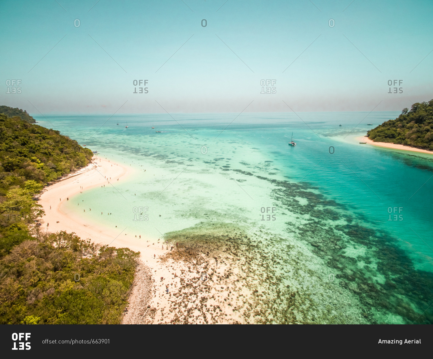 Aerial view of people swimming in sea on Koh Rok Yai island in Thailand