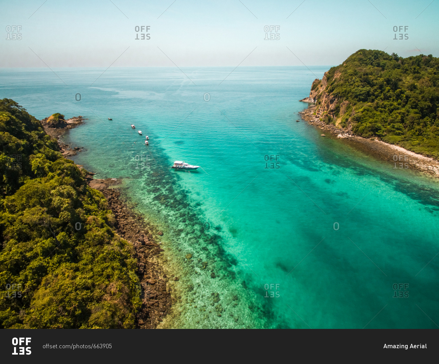 Aerial view of a yacht moored in paradisiacal bay of Koh Rok Yai island in Thailand