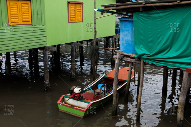 Koh Kood, Thailand - April 3, 2017: Colorful boat moored on the island of Koh Kood, Thailand