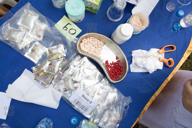 Vientiane, Laos - November 28, 2017: Medicine and supplies in a clinic in Nasala village outside of Vientiane, Laos