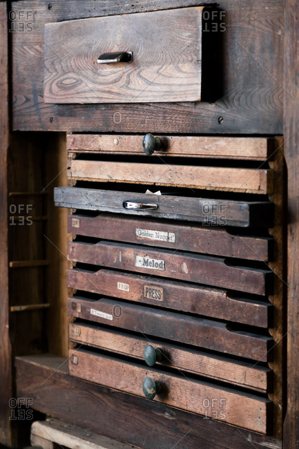 Drawers of type for letterpress