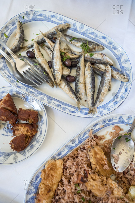 Porto, Portugal - September 21, 2017: sardines traditional cuisine served in Adega S�o Nicolau restaurant in the centre of Porto