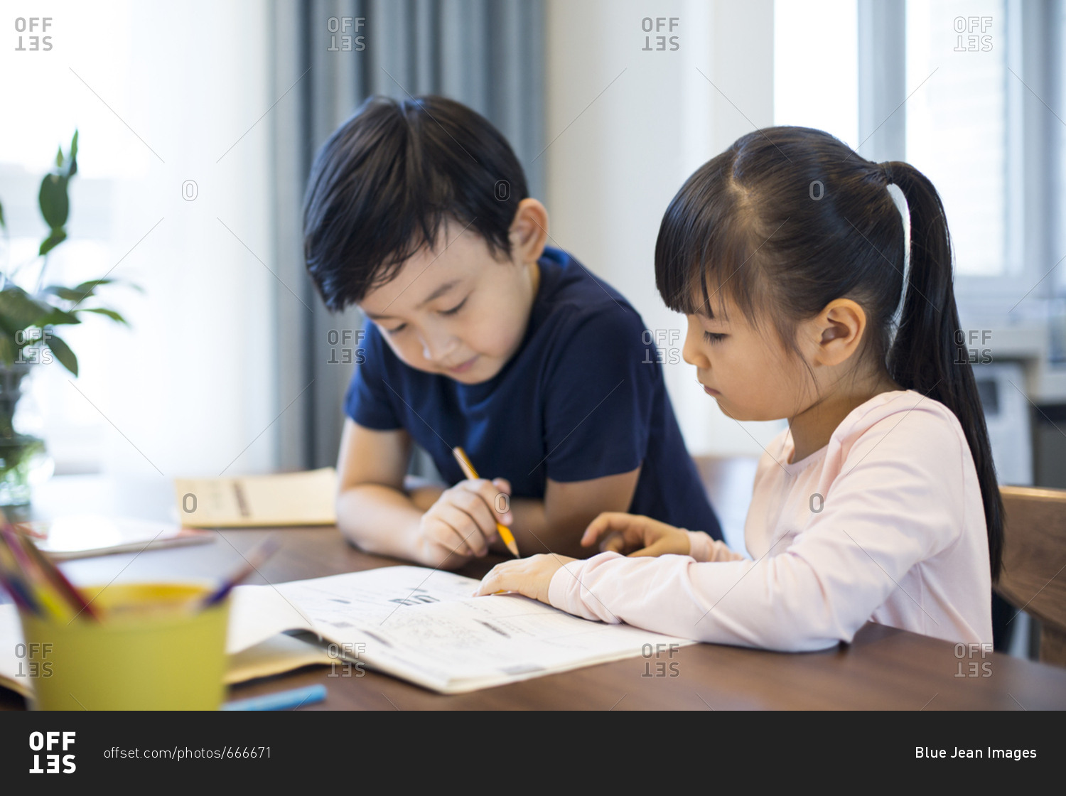 Happy Chinese siblings studying together at home Stock Image Everypixel