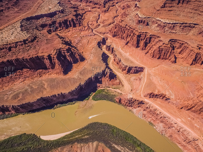 Aerial view of colorado river and canyons in Utah, USA.