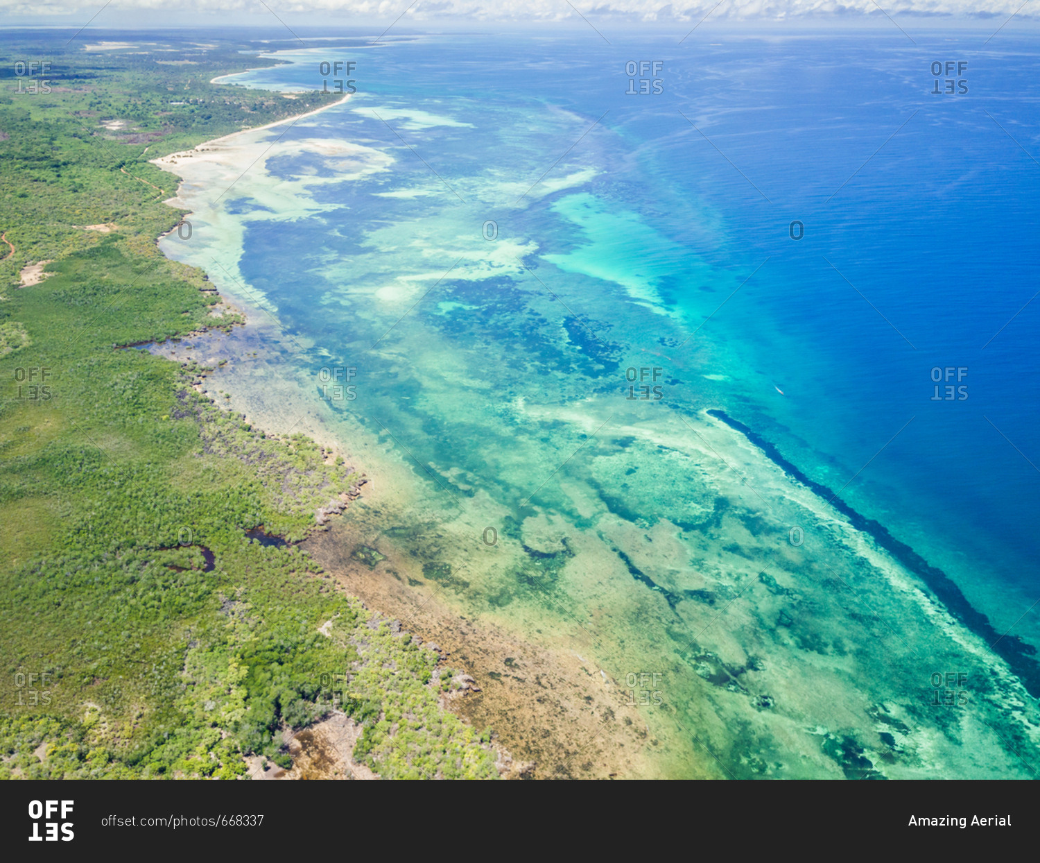 Aerial view of Mafia island coastline in Tanzania.