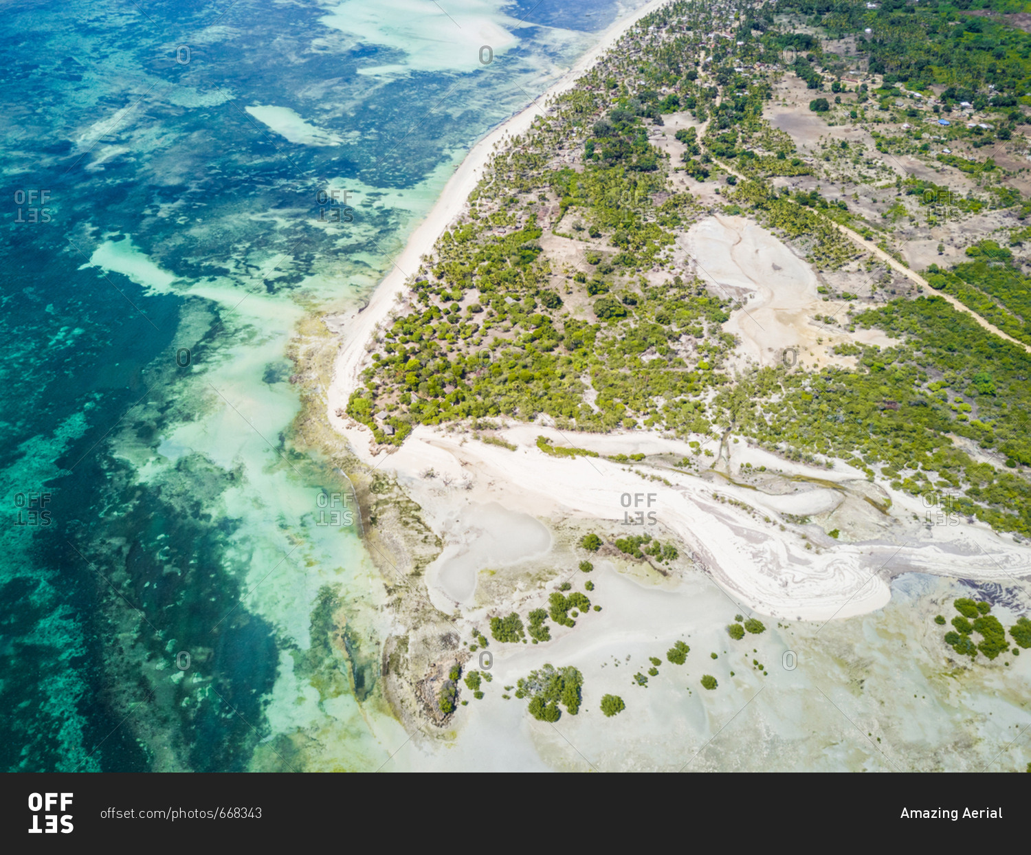 Aerial view of the paradisiac coast of Mafia Island, Tanzania.