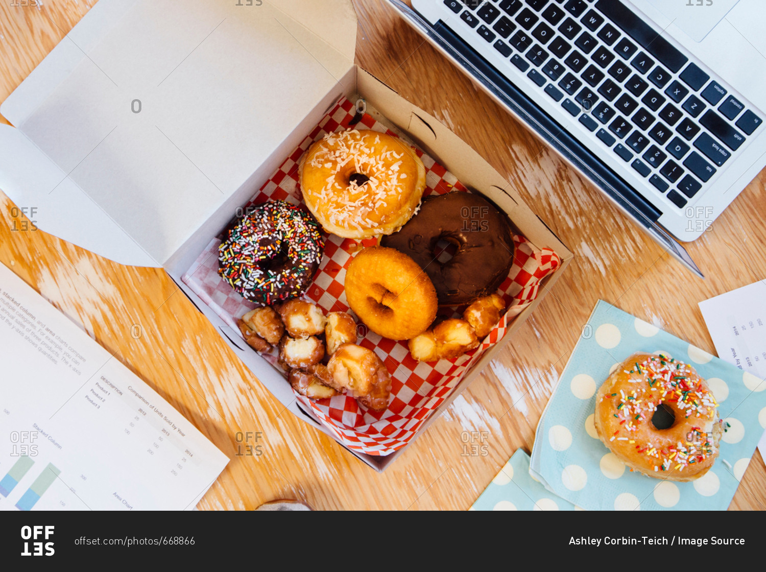 Overhead view of doughnuts in cake box on desk