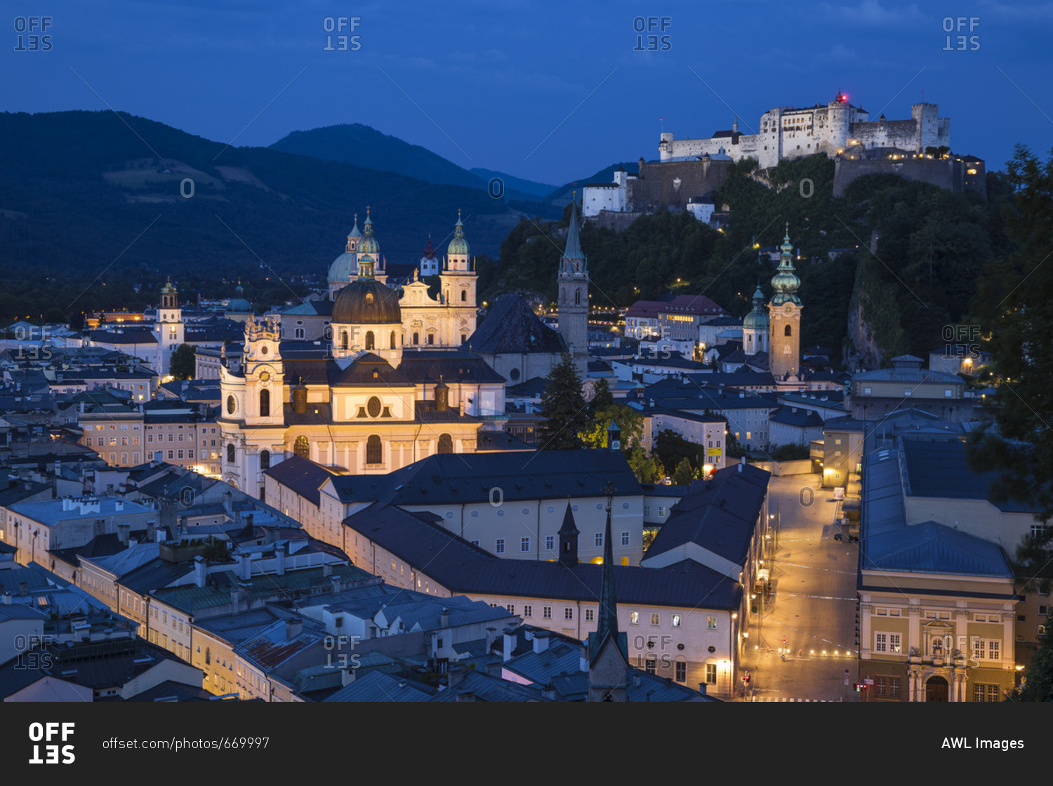 Austria, Salzburg, View of Hohensalzburg Castle above The Old City ...