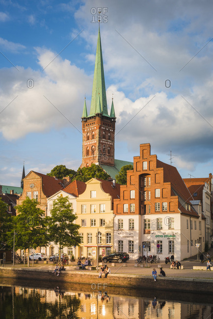 Lubeck - July 15, 2017: Lubeck, Baltic coast, Schleswig-Holstein, Germany. Old town's houses along the Trave river's waterfront.
