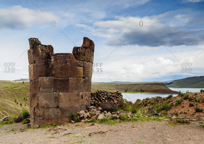 Chullpa by the Lake Umayo in Sillustani, Puno Region, Peru