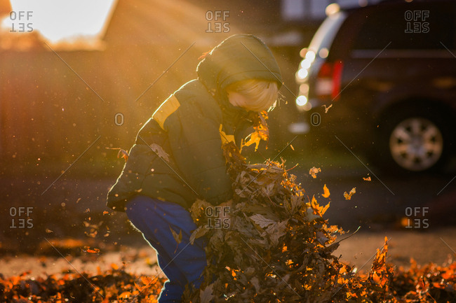 Child playing in leaves in fall