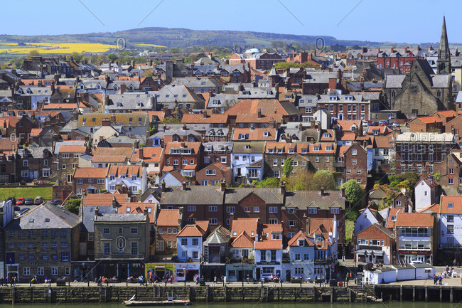 Whitby, England - May 5, 2017: North Yorkshire, Seaside town, port, civil parish in the Borough of Scarborough, Whitby has an established maritime, mineral and tourist economy