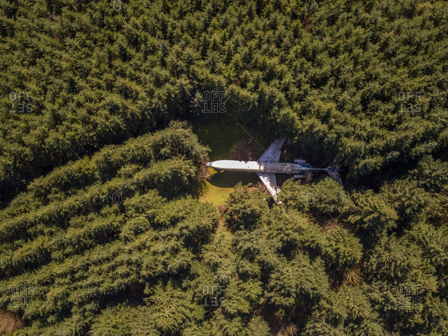 OREGON / USA - 3 April 2017 : Aerial view of Airplane home in the woods in Oregon, USA.