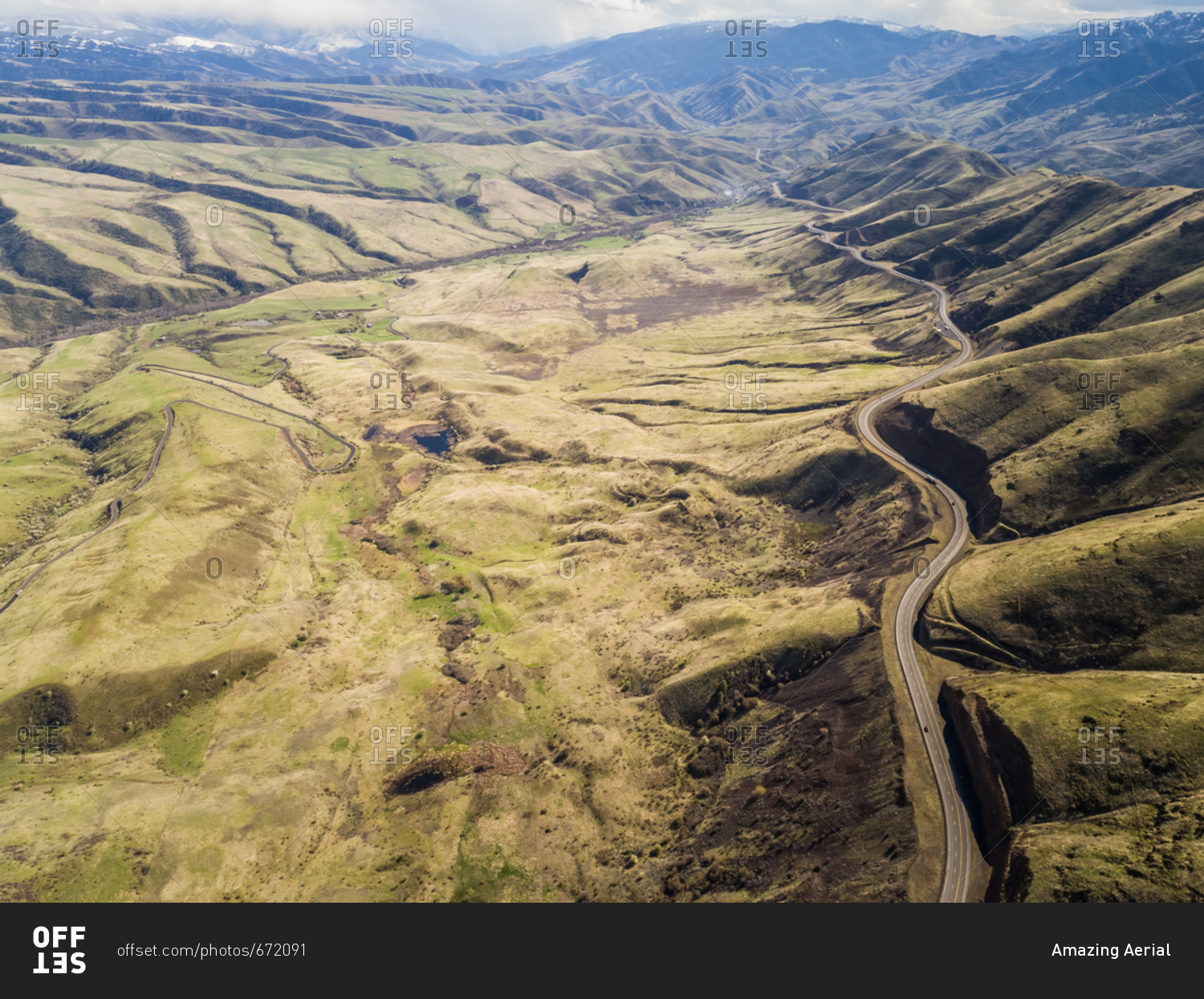 Aerial view of the Old HWY 95 road in White Bird Idaho, USA.