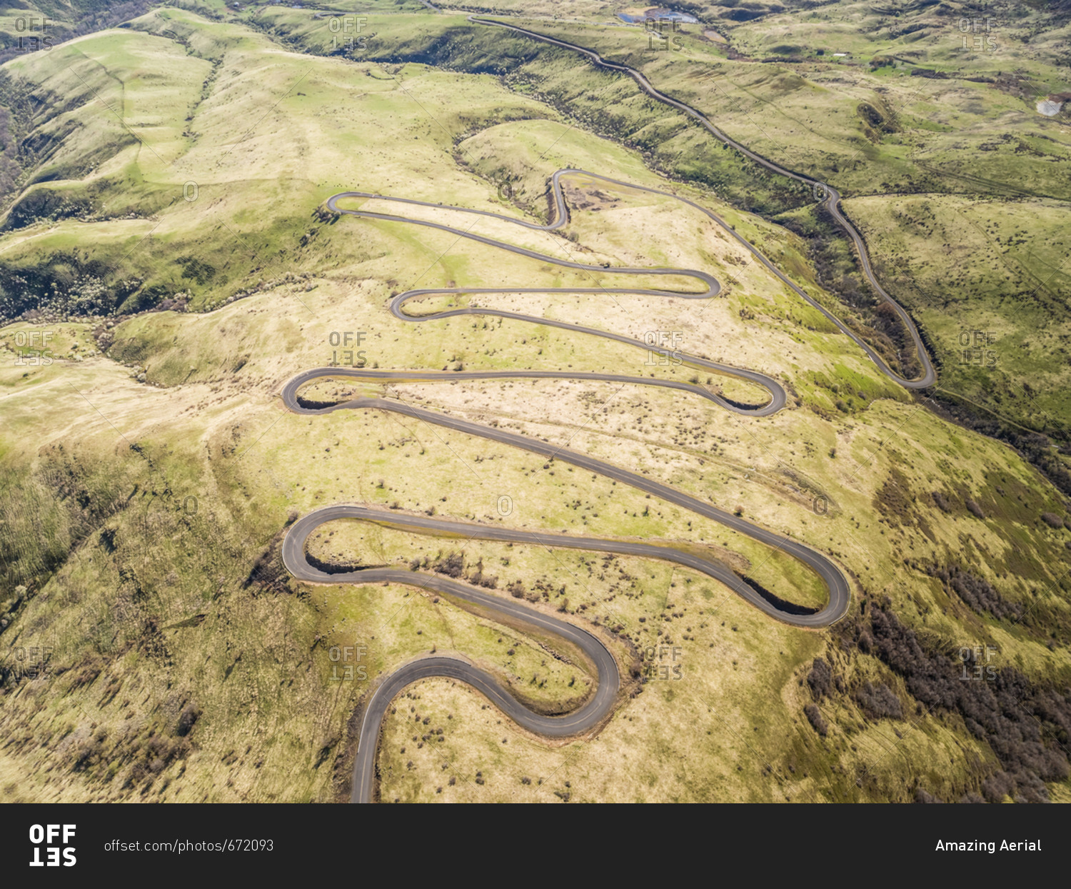 Aerial view of the Old HWY 95 road in White Bird Idaho, USA. stock