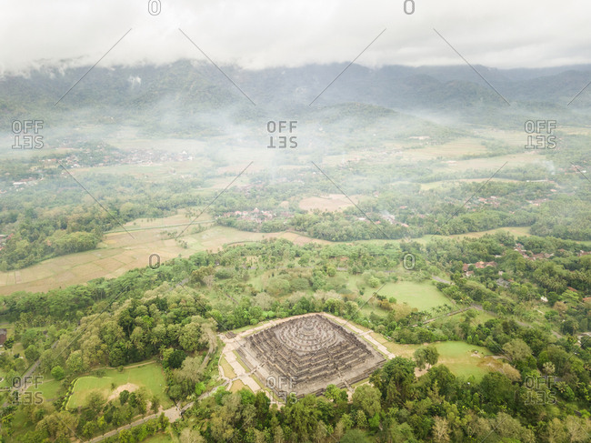 Aerial view of the world's largest buddhist temple Borobudur in Java, Indonesia.