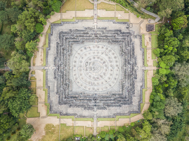 Aerial view of the world's largest buddhist temple Borobudur in Java, Indonesia.