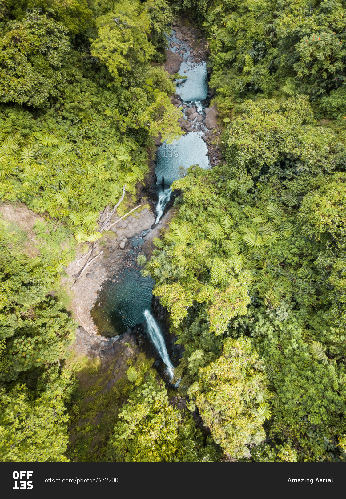 Aerial view of Faarumai waterfall in Tahiti island, French Polynesia.