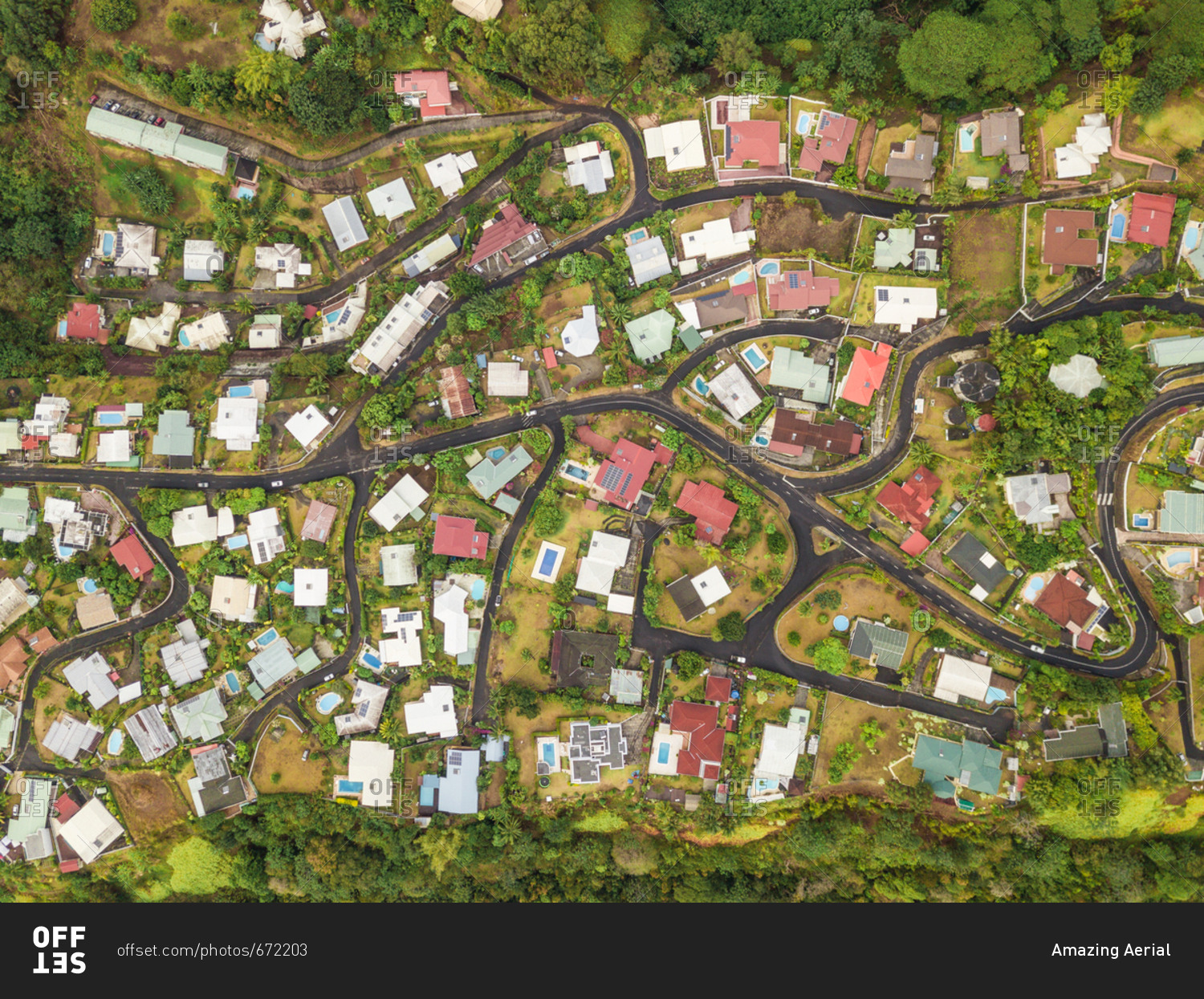 Aerial view of a neighborhood of Papeete on Tahiti island, French Polynesia.