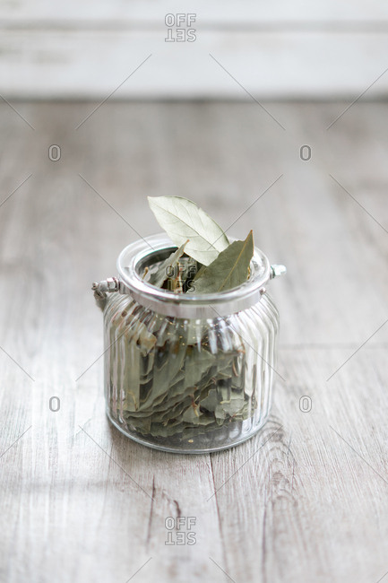 Close-up of small jar full of dry green laurel leaves.