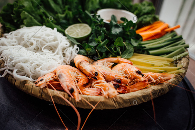 Shrimp, noodles, and other raw ingredients to prepare Vietnamese food