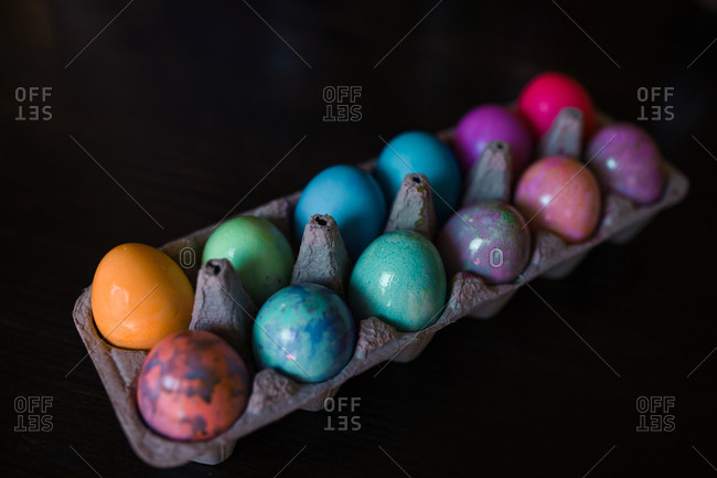A dozen dyed Easter eggs