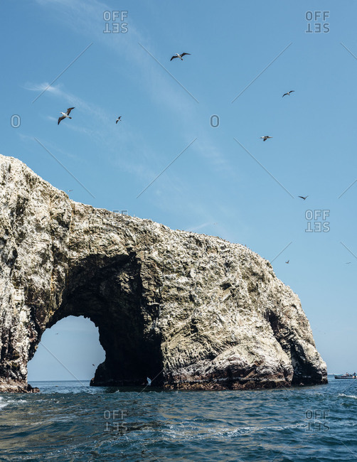 Sea birds flying around pointy rocky island formed as an arch in ocean