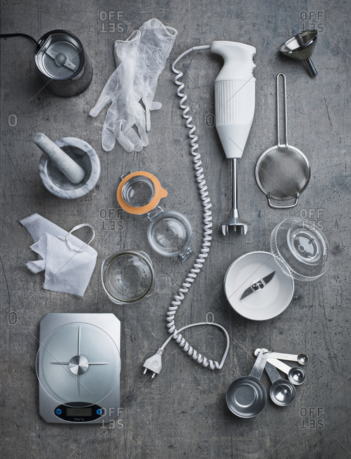 Kitchen utensils on grey background